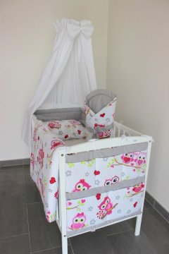 Povlečení do postýlky Sovy růžové na větvi růžové - uni šedá Povlečení pro děti a pro miminka - povlečení do postýlky