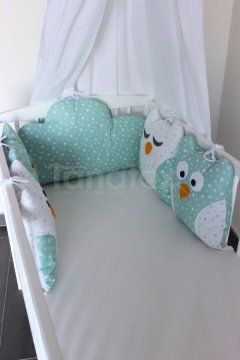 5dílný mantinel z polštářků - Sovy mint obloha v kombinaci Mantinely do postýlky - Polštářkový mantinel - Polštářkový mantinel exclusive