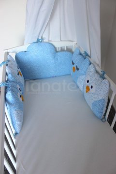 5dílný mantinel z polštářků - Sovy modrá perokresba srdíček v kombinaci Mantinely do postýlky - Polštářkový mantinel - Polštářkový mantinel exclusive