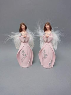 Anděl růžový s květinou Polystonové a keramické figurky - andělé, kominík, děti, důchodci, houby