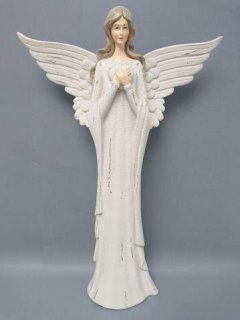 Anděl poly větší bílé srdce Polystonové a keramické figurky - andělé, kominík, děti, důchodci, houby