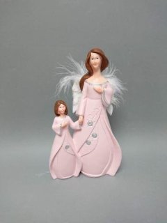 Anděl s děckem růžový Polystonové a keramické figurky - andělé, kominík, děti, důchodci, houby