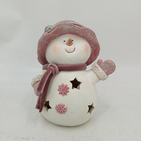 Sněhulák s růžovou čepičkou LED - Polystonové a keramické figurky