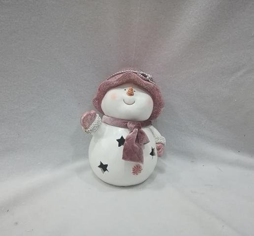 Sněhulák s růžovou čepičkou LED - Polystonové a keramické figurky