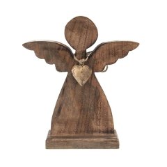 Anděl ze dřeva s kovovým srdcem O0363 Kovové, dřevěné a skleněné dekorace