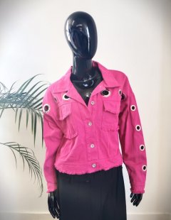 Riflová bundička s kruhy růžová Bundy, kabáty, kardigany