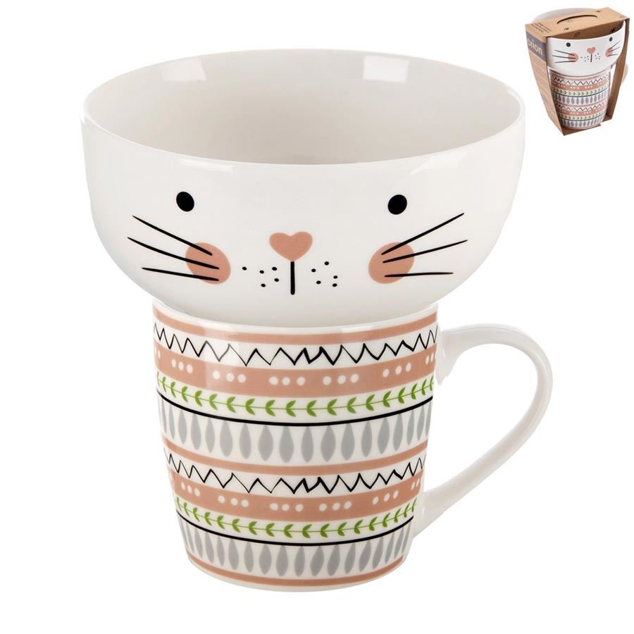 Hrnek + miska porcelánový set kočka 0,35 l O0497 - Keramika a porcelán