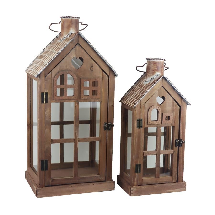 Krabičky, stojánky a zásobníky - Svícny - Dřevěná lucerna, S/2 D7089 Dřevěná lucerna, S/2 D7089 - Svícny