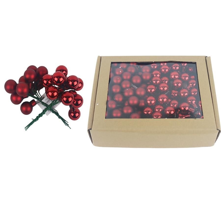 Skleněné baňky na drátku červené, pr. 2cm, S0570-34/BOX 144 ks